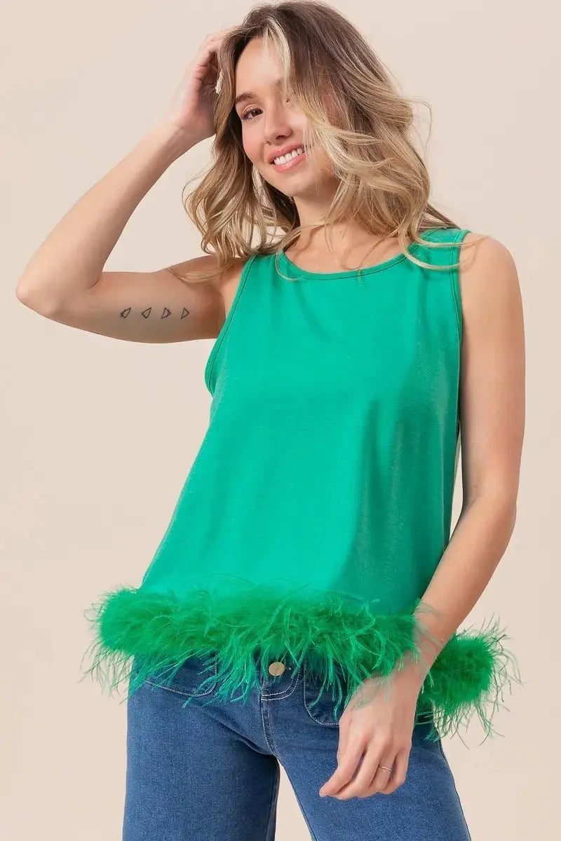 BiBi French Terry Faux Feather Bottom Back Tied Top Fashion - Love Salve